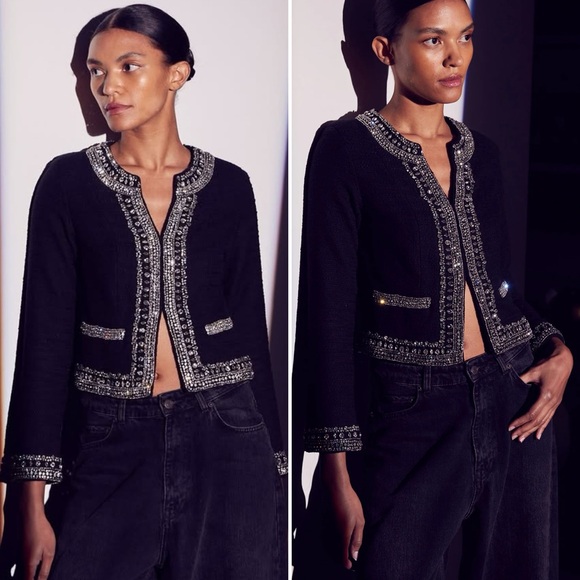 MISA Los Angeles Curtis Tweed Embellished Jacket in Black Size XS - Picture 4 of 13